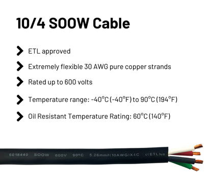 10/4 SOOW Cable Cord Wire - 10 Gauge 10 AWG 4 Conductor 600V Portable Power Extension Cord Cable with Ultra Flexible Insulation Jacket