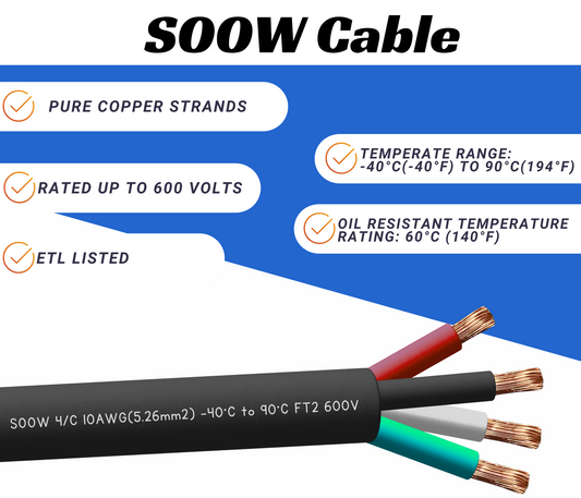 10/4 SOOW Cable Cord Wire - 10 Gauge 10 AWG 4 Conductor 600V Portable Power Extension Cord Cable with Ultra Flexible Insulation Jacket
