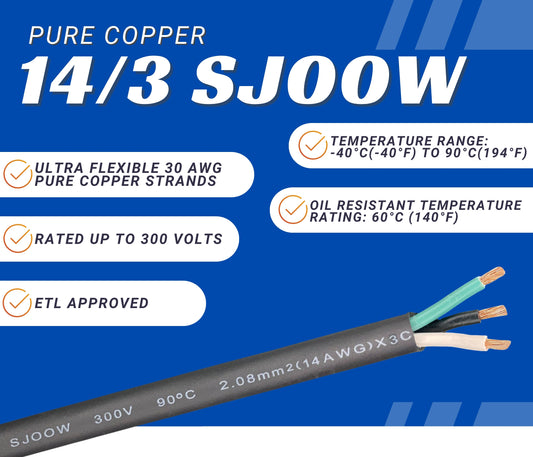 14/3 SJOOW Cable Cord Wire - 14 Gauge 14 AWG 3 Conductor 300V Portable Power Extension Cord Cable with Ultra Flexible Insulation Jacket