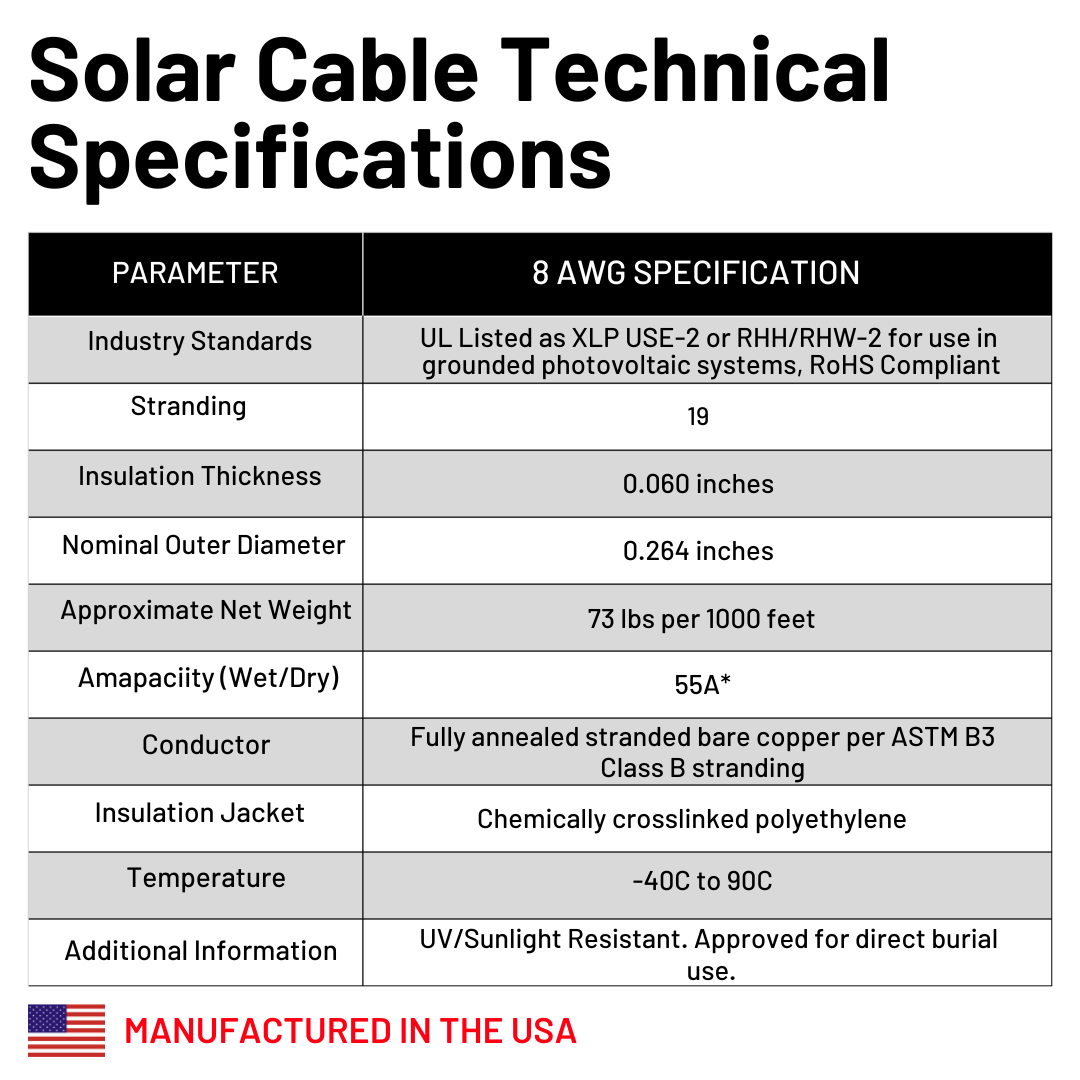 500 Foot Spool 8 Gauge 8 AWG Solar Panel Extension Cable Wire Black or Red Pure Copper