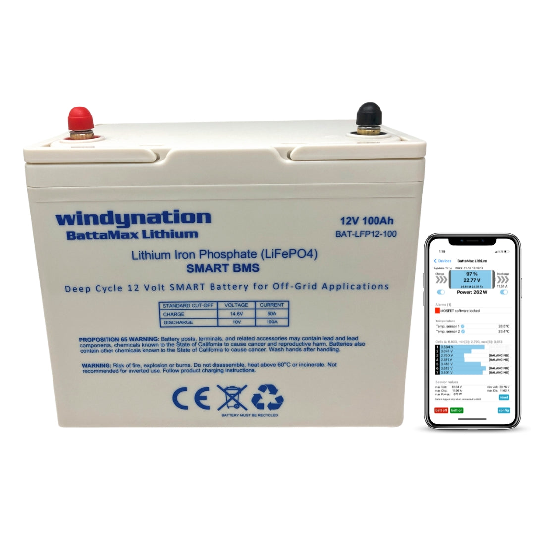 Lithium LIFePO4 100ah 12 Volt BattaMax 4000 Cycles Battery with Interlocking Cables for Off-Grid Applications with Battery Management System (BMS) and Remote Connectivity to Cell Phones and Tablets