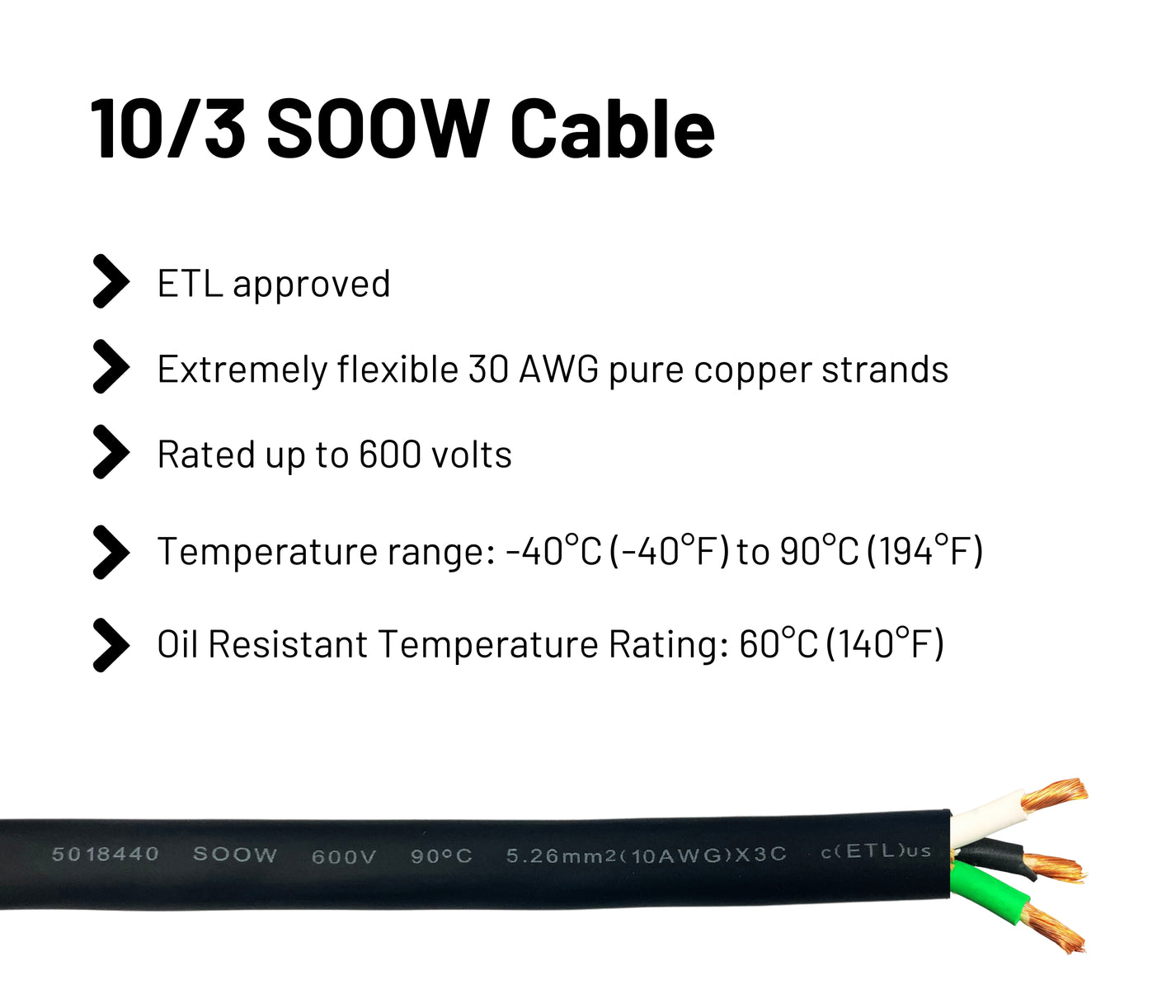 10/3 SOOW Cable Cord Wire - 10 Gauge 10 AWG 3 Conductor 600V Portable ...
