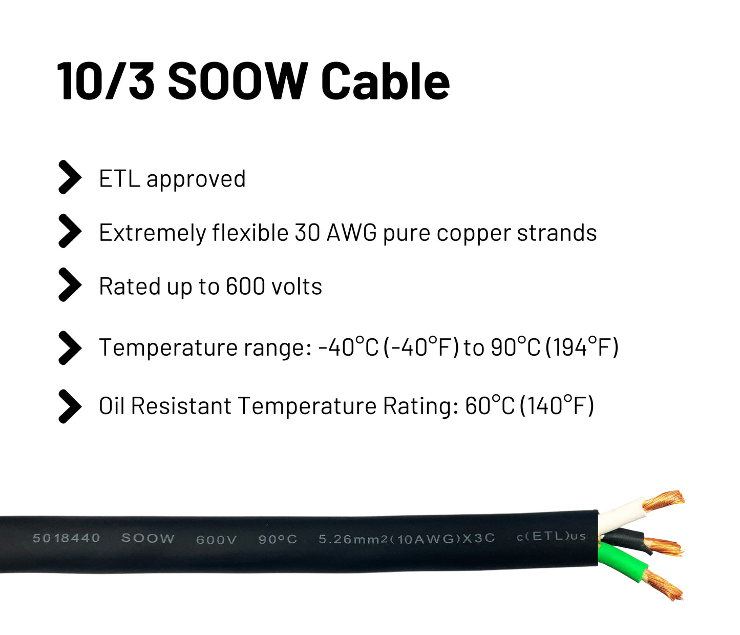 10/3 SOOW Cable Cord Wire - 10 Gauge 10 AWG 3 Conductor 600V Portable Power Extension Cord Cable with Ultra Flexible Insulation Jacket