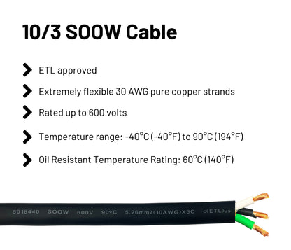 10/3 SOOW Cable Cord Wire - 10 Gauge 10 AWG 3 Conductor 600V Portable Power Extension Cord Cable with Ultra Flexible Insulation Jacket