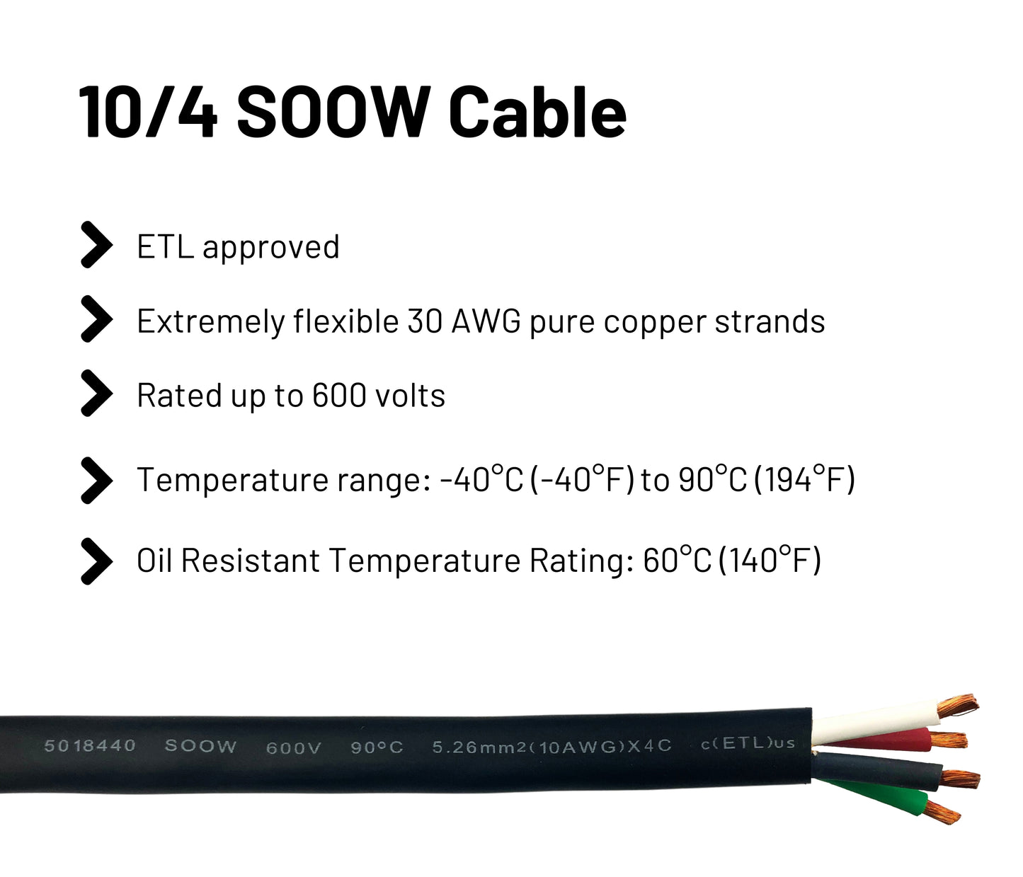 10/4 SOOW Cable Cord Wire - 10 Gauge 10 AWG 4 Conductor 600V Portable Power Extension Cord Cable with Ultra Flexible Insulation Jacket
