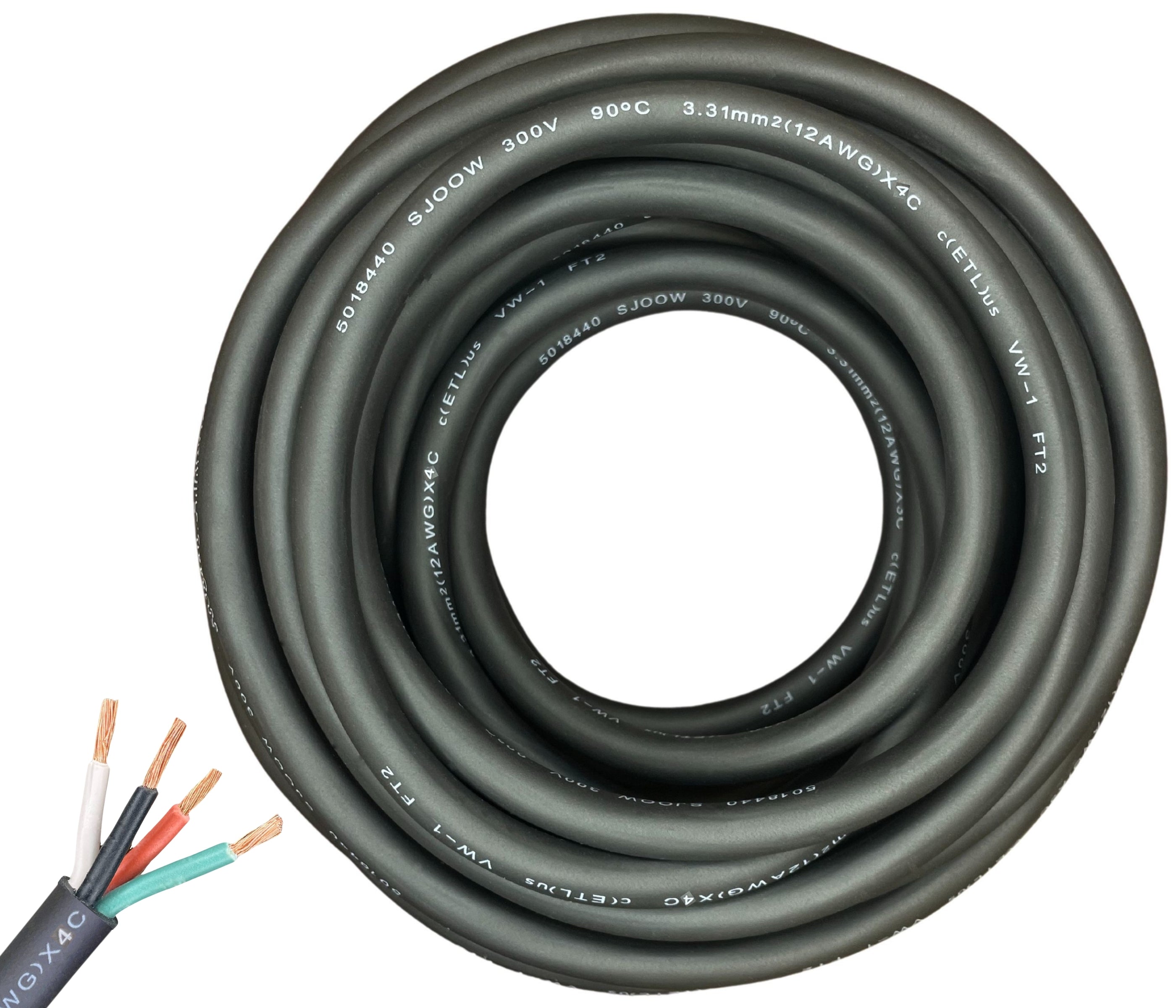 Cavo Elettrico SJOOW 12 AWG 4 Conduttori 61m - 300V Per Motori, Luci Portatili E Macchinari (Rame OFC Anticorrosione)