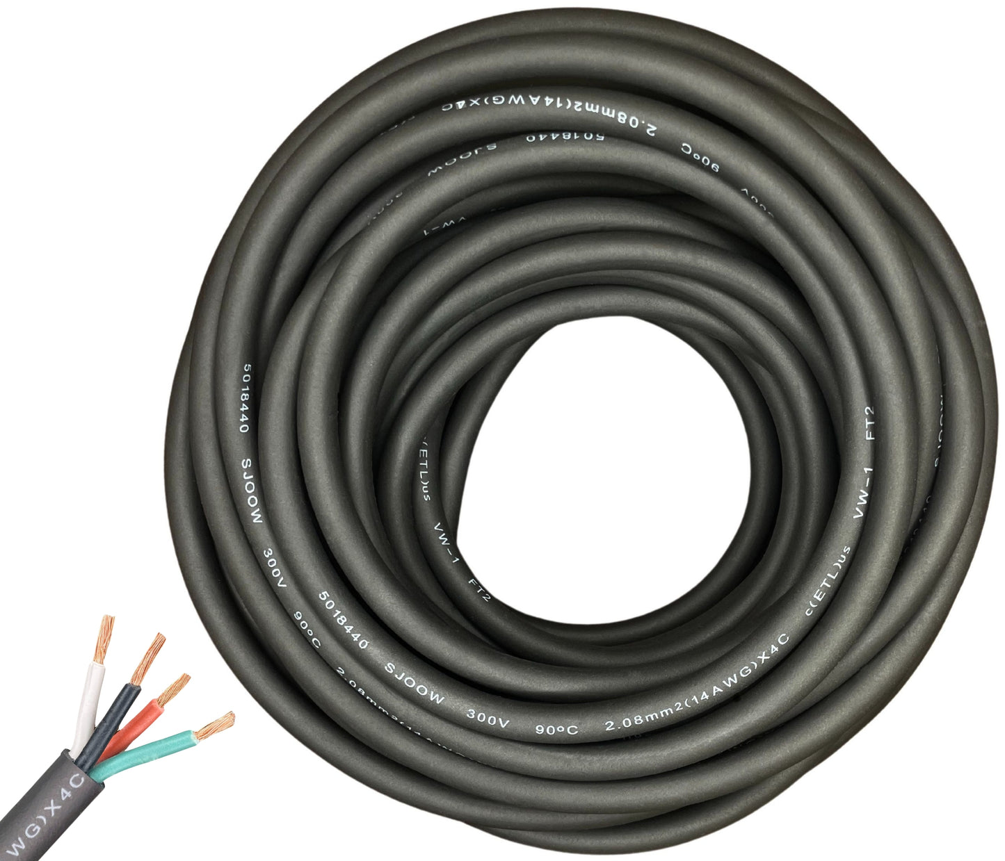 14/4 SJOOW Cable Cord Wire - 14 Gauge 14 AWG 4 Conductor 300V Portable Power Extension Cord Cable with Ultra Flexible Insulation Jacket