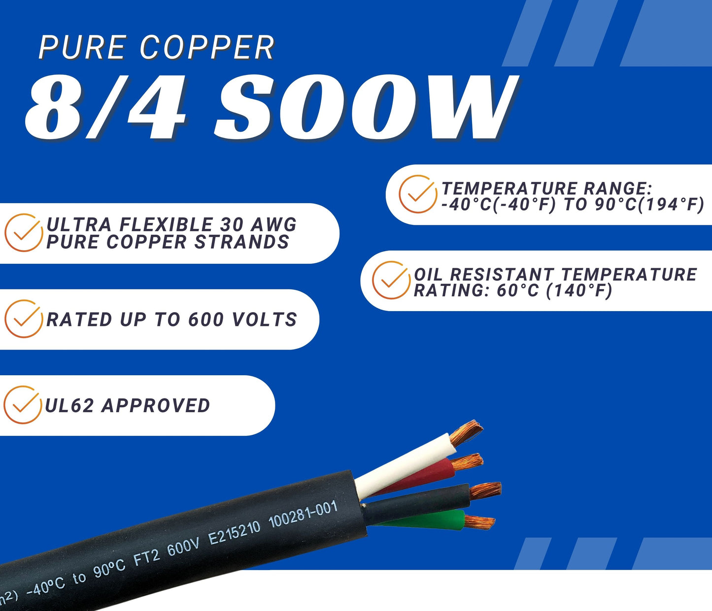8/4 SOOW Cable Cord Wire - 8 Gauge 8 AWG 4 Conductor 600V Portable Power Extension Cord Cable with Ultra Flexible Insulation Jacket
