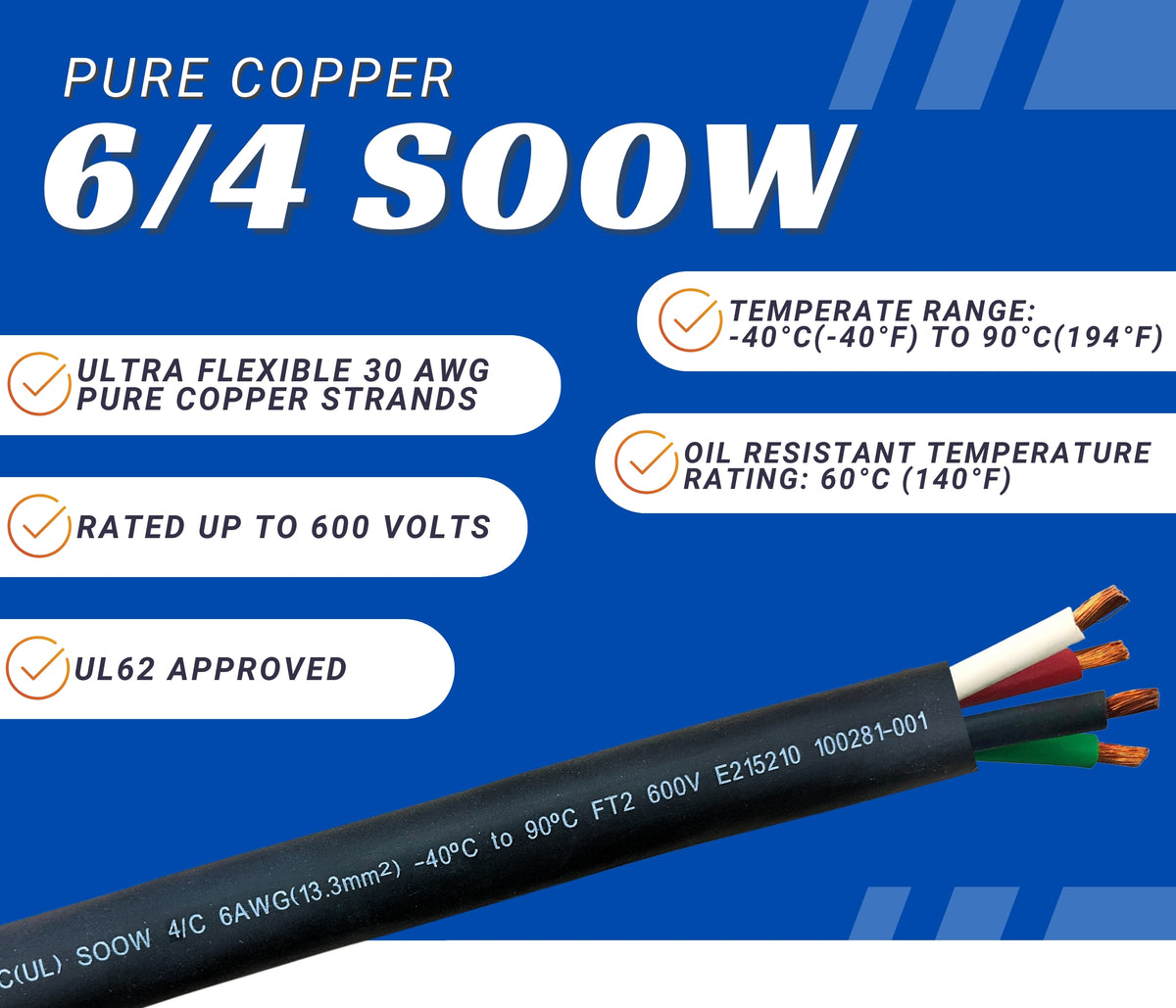4 Corded Rope 6/4 SOOW Cable Cord Wire - 6 Gauge 6 AWG 4 Conductor 600V Portable Pow ...