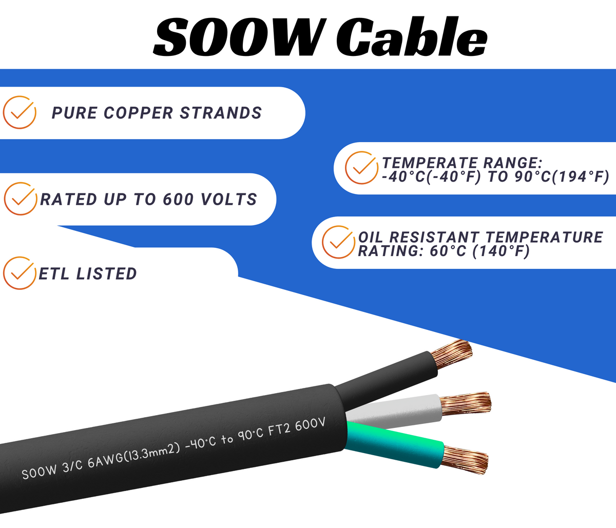 6/3 SOOW Cable Cord Wire - 6 Gauge 6 AWG 3 Conductor 600V Portable Pow ...