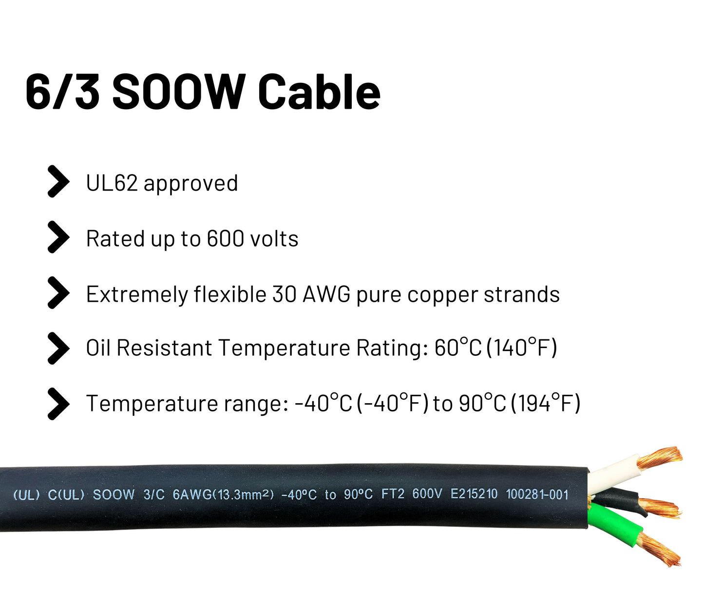 6/3 SOOW Cable Cord Wire - 6 Gauge 6 AWG 3 Conductor 600V Portable Power Extension Cord Cable with Ultra Flexible Insulation Jacket