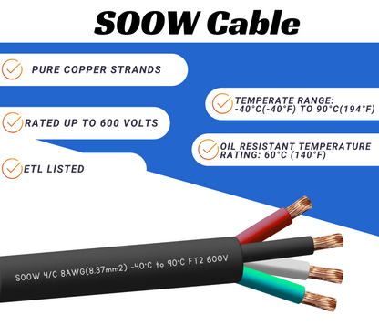 8/4 SOOW Cable Cord Wire - 8 Gauge 8 AWG 4 Conductor 600V Portable Power Extension Cord Cable with Ultra Flexible Insulation Jacket
