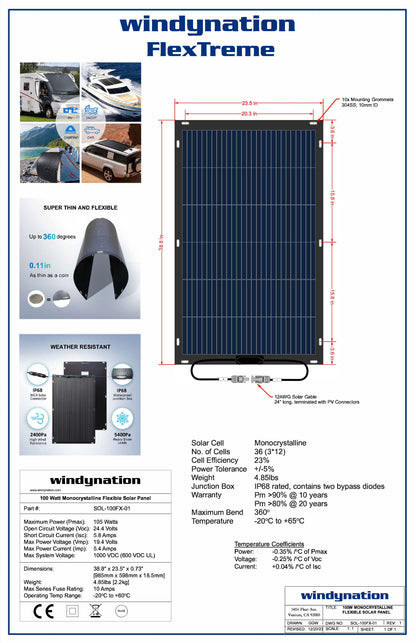 100 Watt 12V Flextreme Flexible Thin Lightweight Monocrystalline ETFE Solar Panel --- Bends 360 Degrees