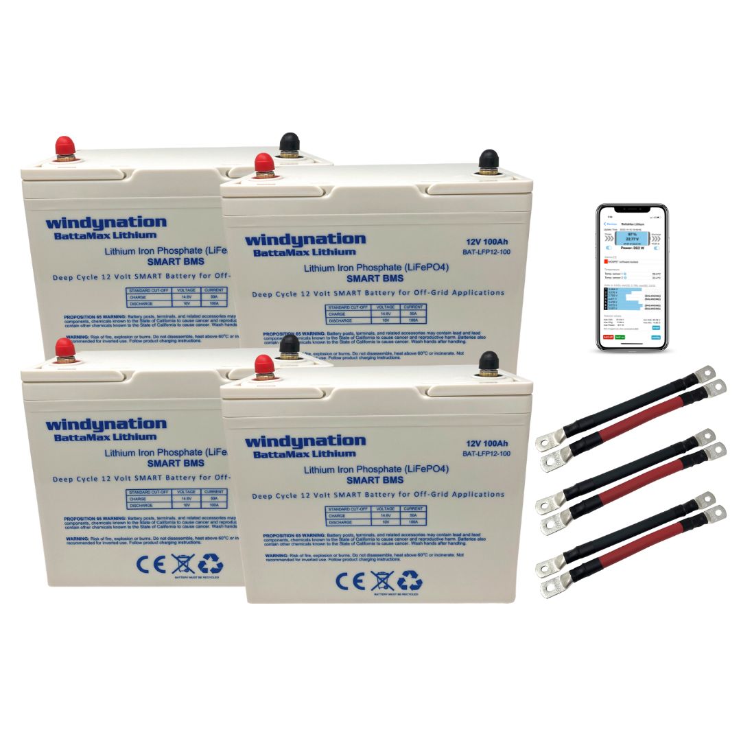 Lithium LIFePO4 100ah 12 Volt BattaMax 4000 Cycles Battery with Interlocking Cables for Off-Grid Applications with Battery Management System (BMS) and Remote Connectivity to Cell Phones and Tablets