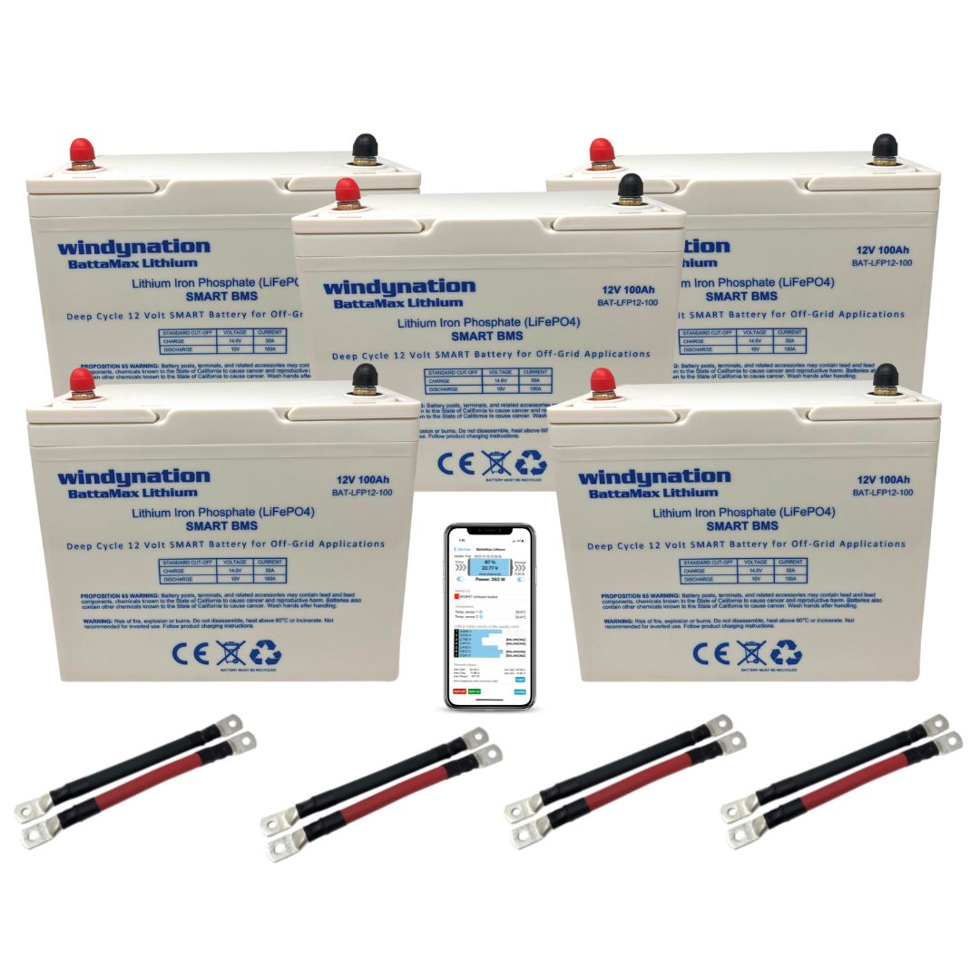 Lithium LIFePO4 100ah 12 Volt BattaMax 4000 Cycles Battery with Interlocking Cables for Off-Grid Applications with Battery Management System (BMS) and Remote Connectivity to Cell Phones and Tablets