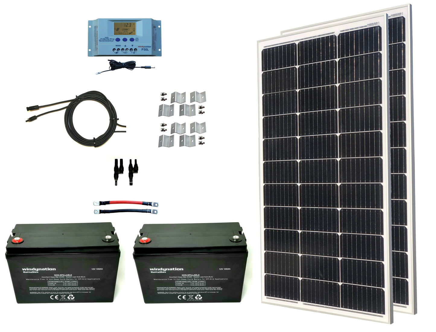 100 Watt 12V Solar Panels Kit + 30A Charge Controller + 1500W Power  Inverter for Off-Grid 12 Volt Battery System