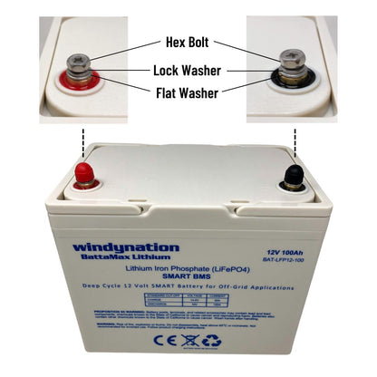 Lithium LIFePO4 100ah 12 Volt BattaMax 4000 Cycles Battery with Interlocking Cables for Off-Grid Applications with Battery Management System (BMS) and Remote Connectivity to Cell Phones and Tablets