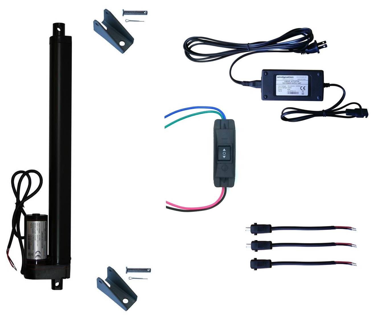 Linear Actuator 12-Volt 225lbs with Power Supply and Mounting Brackets + Up Down DPDT Switch