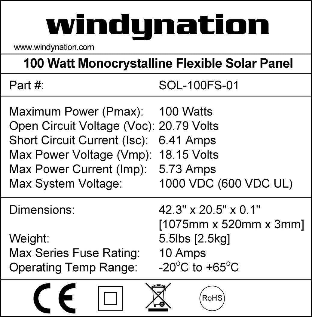 100-Watt 12V Flexible Thin Lightweight Monocrystalline Solar Panel