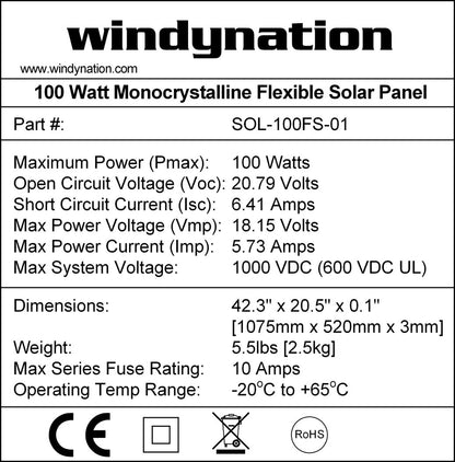 100-Watt 12V Flexible Thin Lightweight Monocrystalline Solar Panel